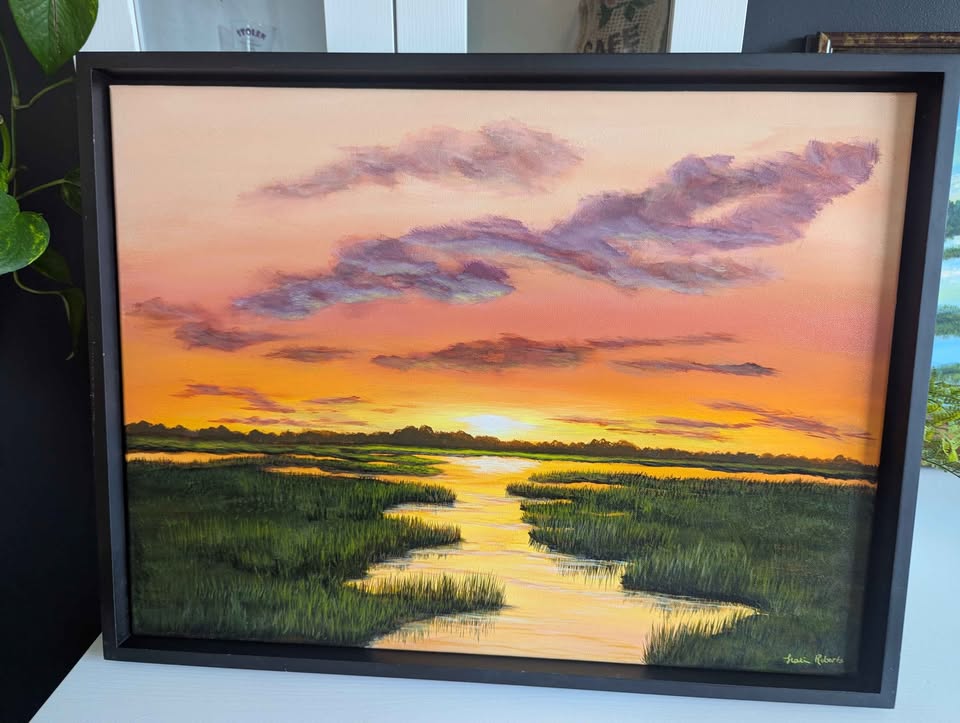 Close view of black framed Saltgrass Glow Lowcountry marsh painting