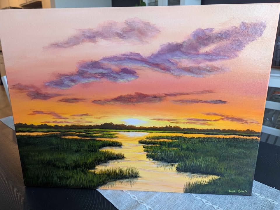 Canvas texture detail of Saltgrass Glow original marsh painting