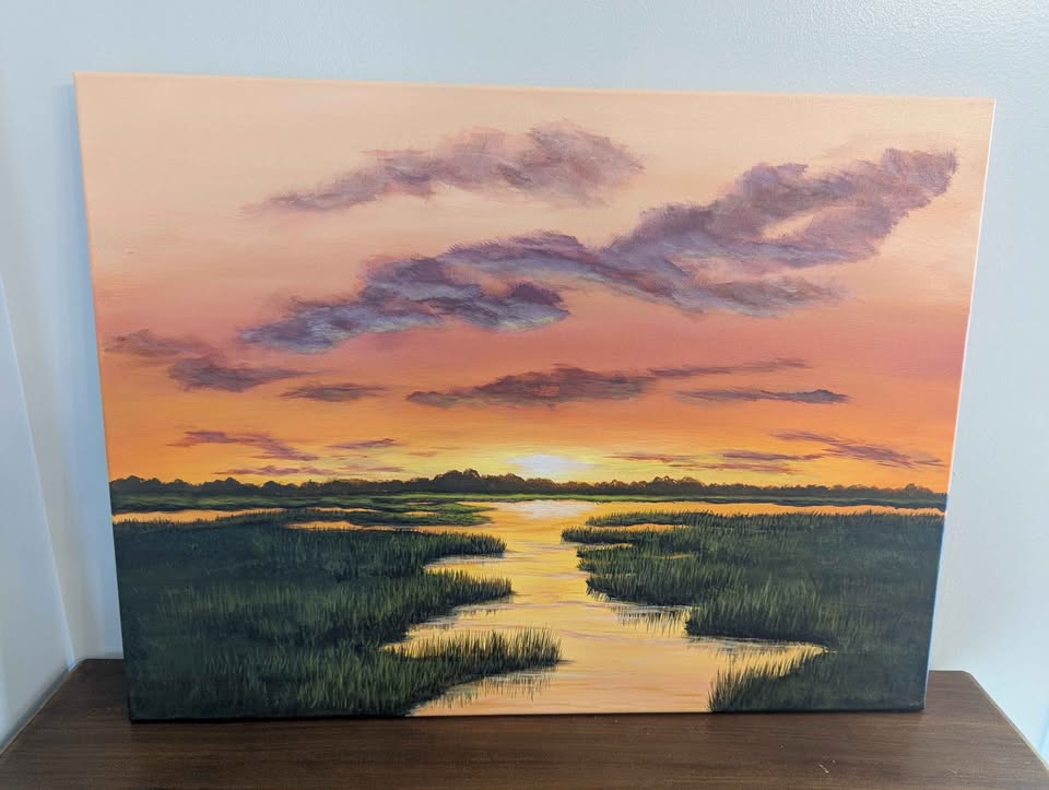 Tabletop view of Saltgrass Glow original Lowcountry marsh painting