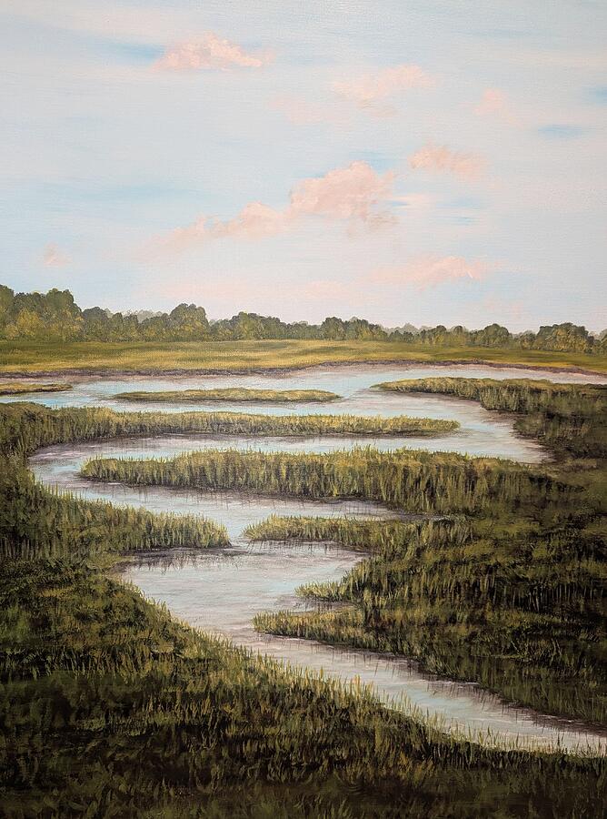 Carolina Marsh original Mount Pleasant Lowcountry painting by Leslie Salvo Roberts with meandering water