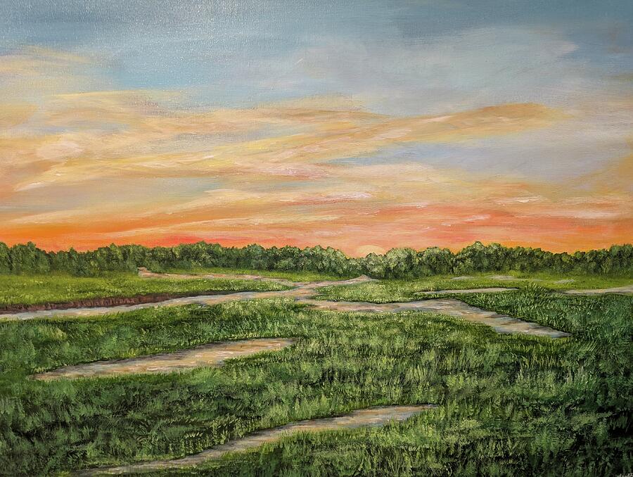 Lowcountry marsh art for sale: Low Tide Light - original 24 x 36 by Leslie Salvo Roberts, listed for $300