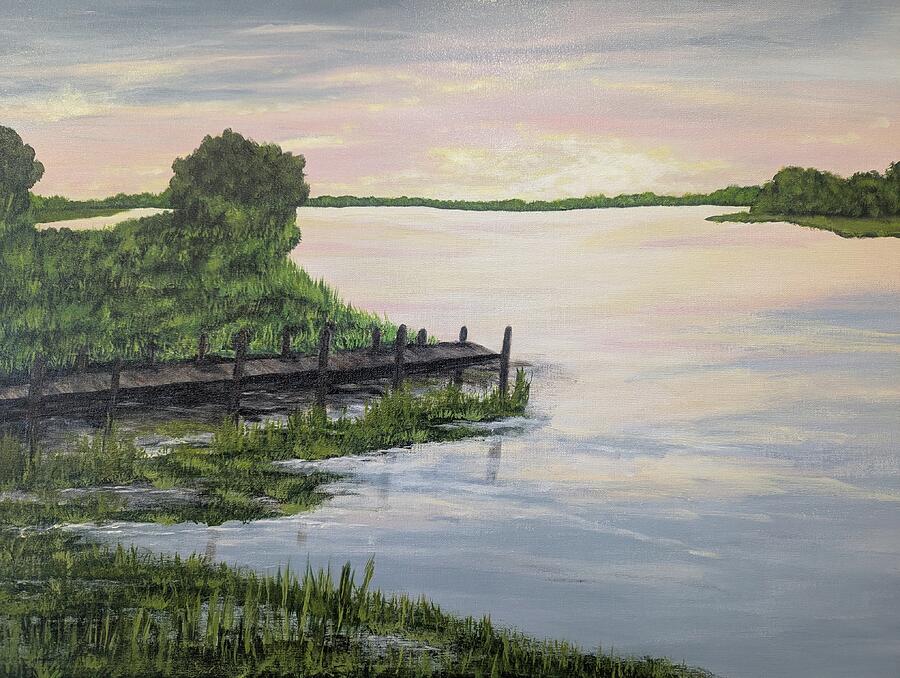 Soft Southern Sky original Lowcountry painting by Leslie Roberts with reflective water and rose sky